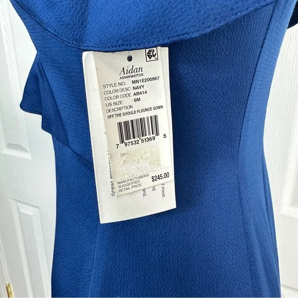 AIDAN MATTOX off the shoulder flounce GOWN navy BLUE wedding prom gown DRESS 6 - Picture 7 of 14